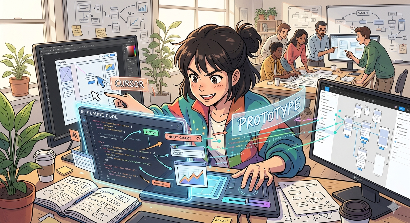 Illustration of a designer coding some design work